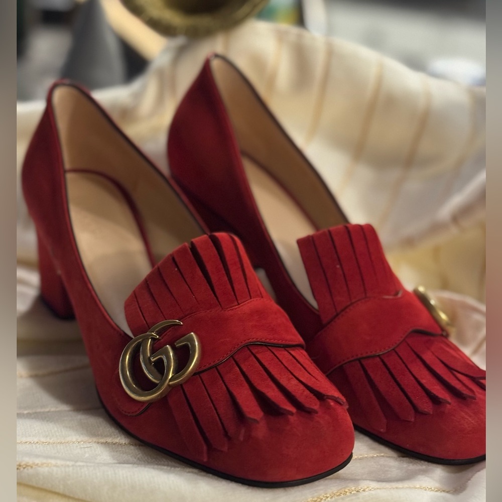 Gucci Marmont Red Fringe Suede Loafers with Gold Logo